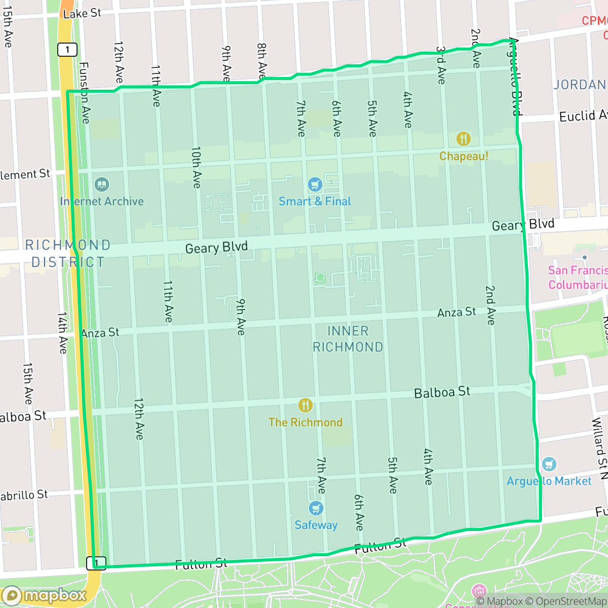 Map showing the location of Inner Richmond, San Francisco, CA