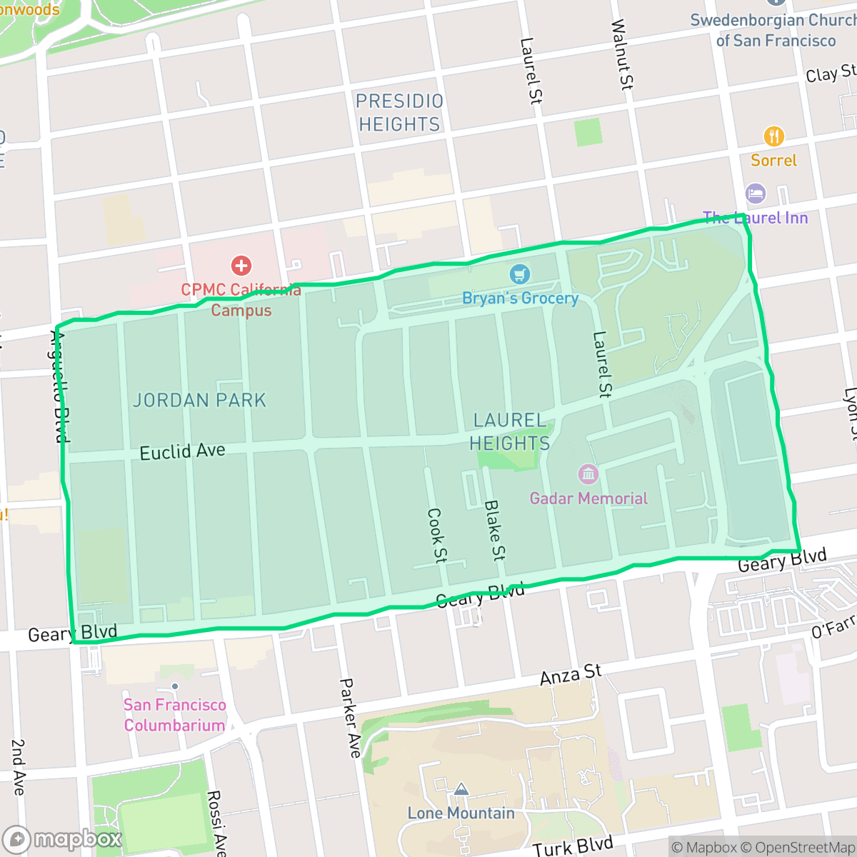 Map showing the location of Jordan Park - Laurel Heights, San Francisco, CA