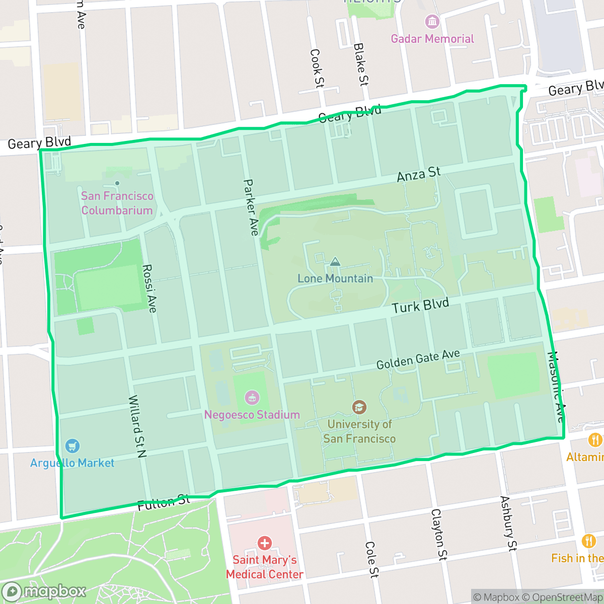 Map showing the location of Lone Mountain, San Francisco, CA