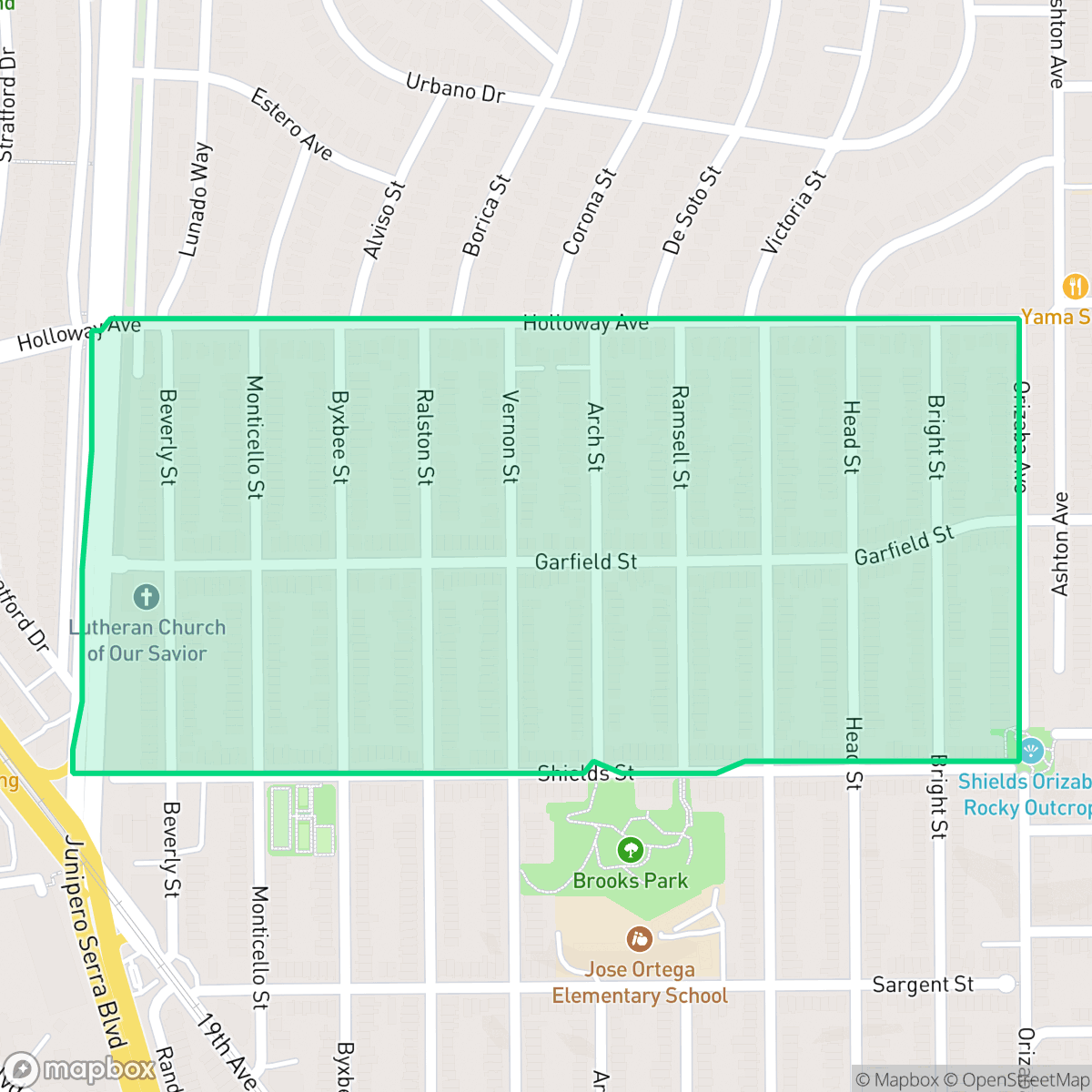 Map showing the location of Merced Heights, San Francisco, CA