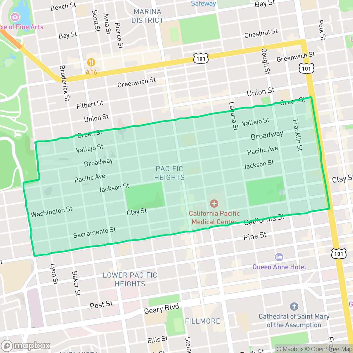 Map showing the location of Pacific Heights, San Francisco, CA