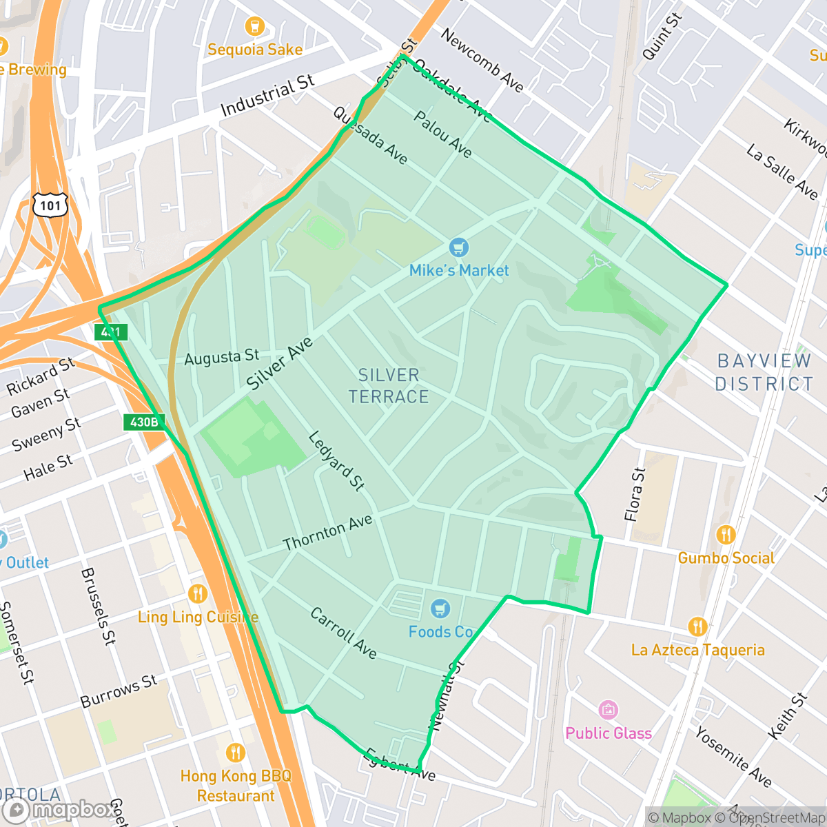 Map showing the location of Silver Terrace, San Francisco, CA