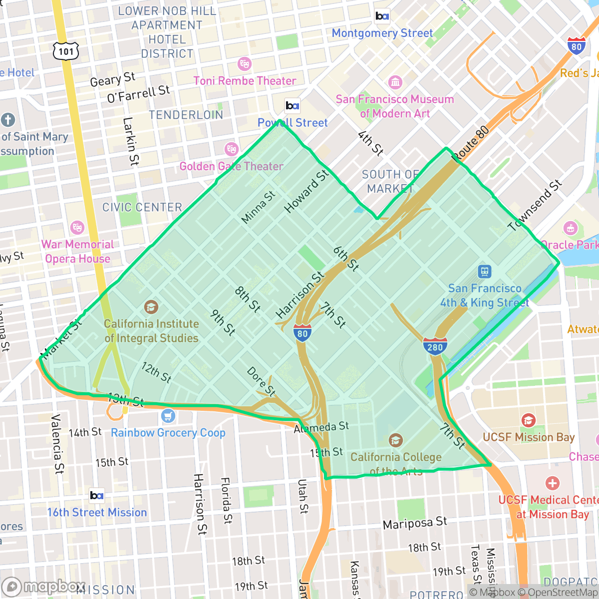 Map showing the location of South of Market, San Francisco, CA