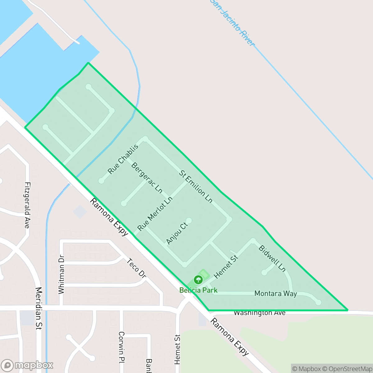 Map showing the location of Belicia Ranch, San Jacinto, CA