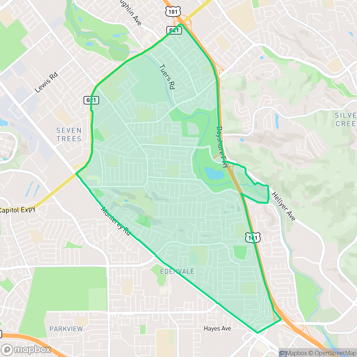 Map showing the location of Edenvale - Seven Trees, San Jose, CA