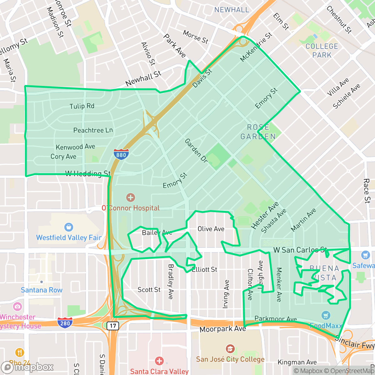 Map showing the location of Rose Garden, San Jose, CA