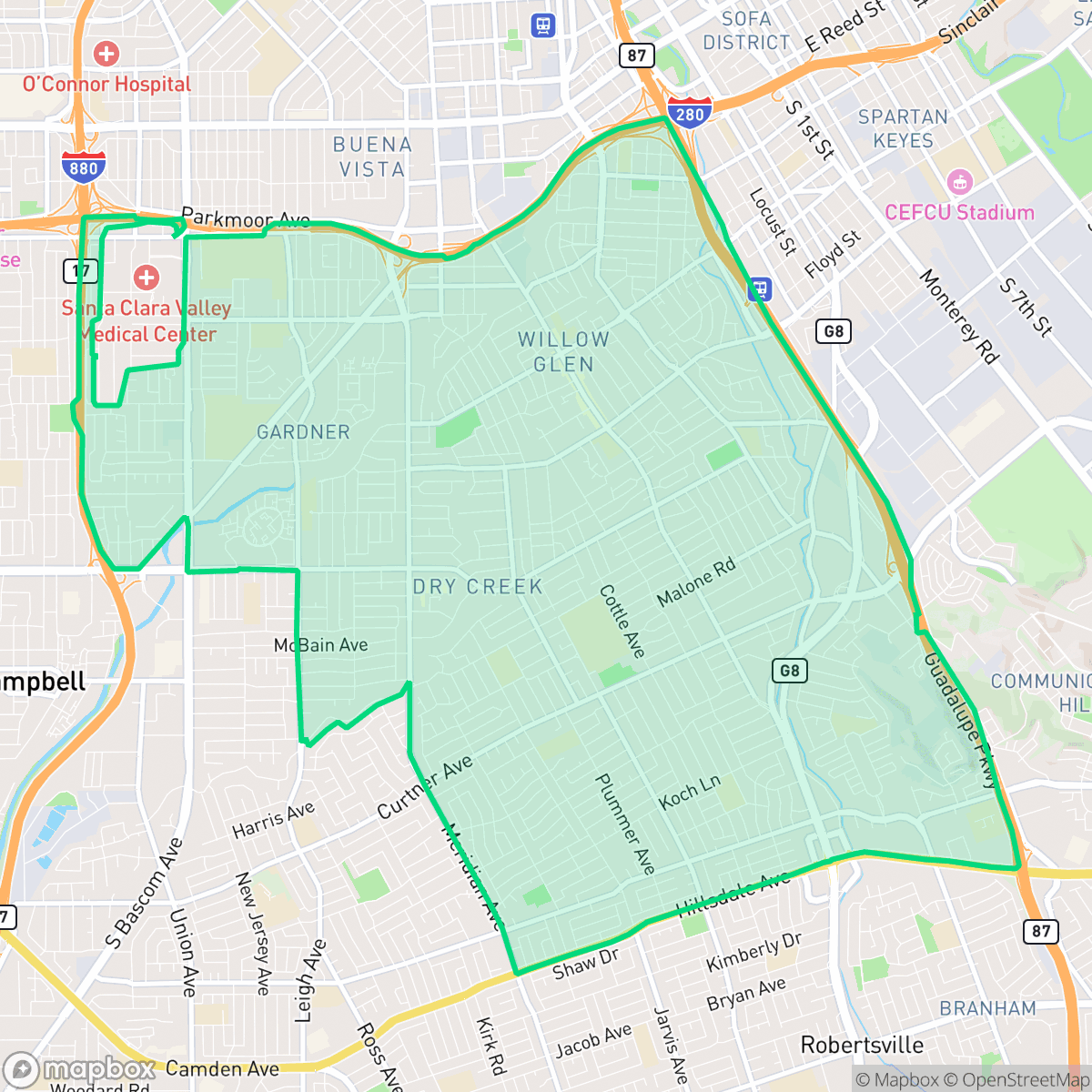 Map showing the location of Willow Glen, San Jose, CA