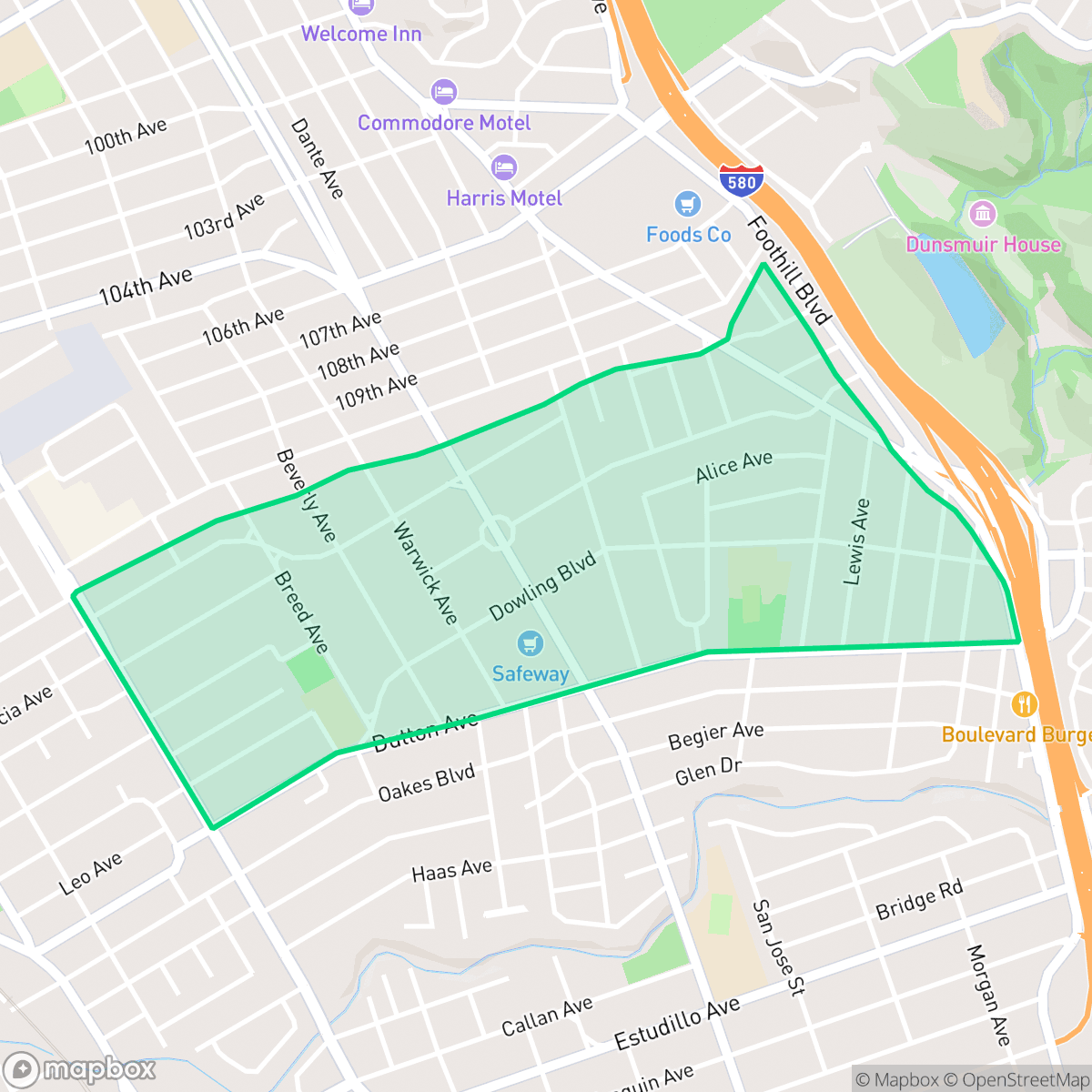 Map showing the location of Broadmoor, San Leandro, CA