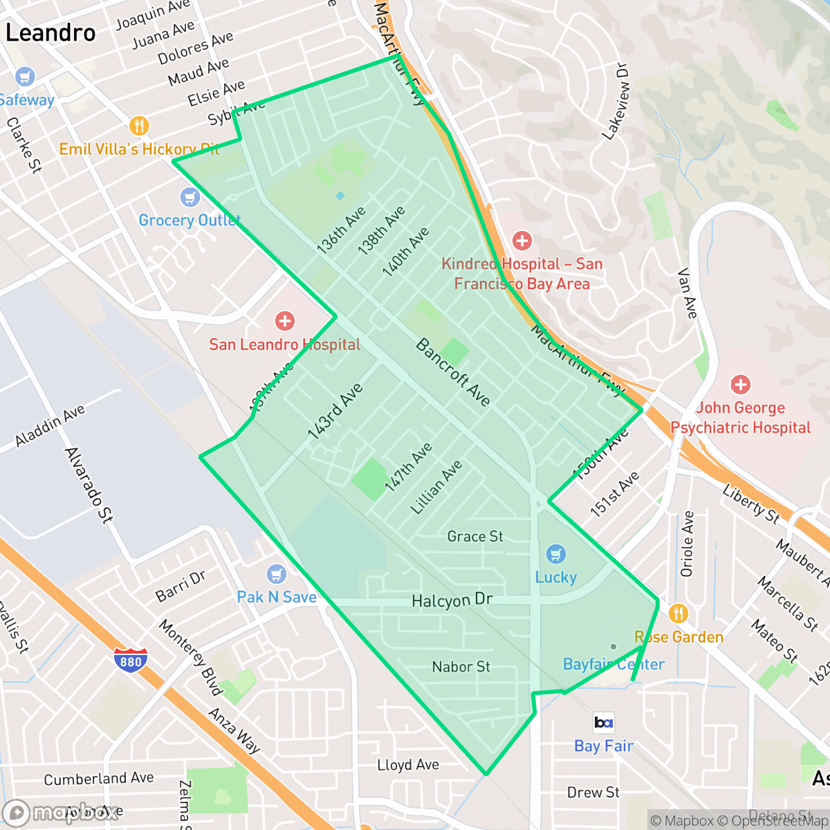 Map showing the location of Halcyon Foothill, San Leandro, CA