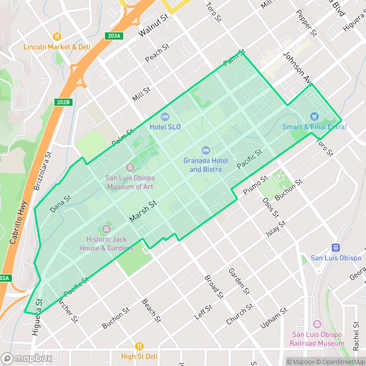 Map showing the location of Downtown, San Luis Obispo, CA