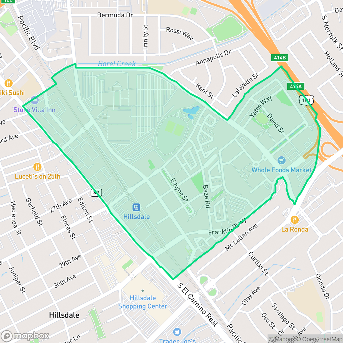 Map showing the location of Bay Meadows, San Mateo, CA