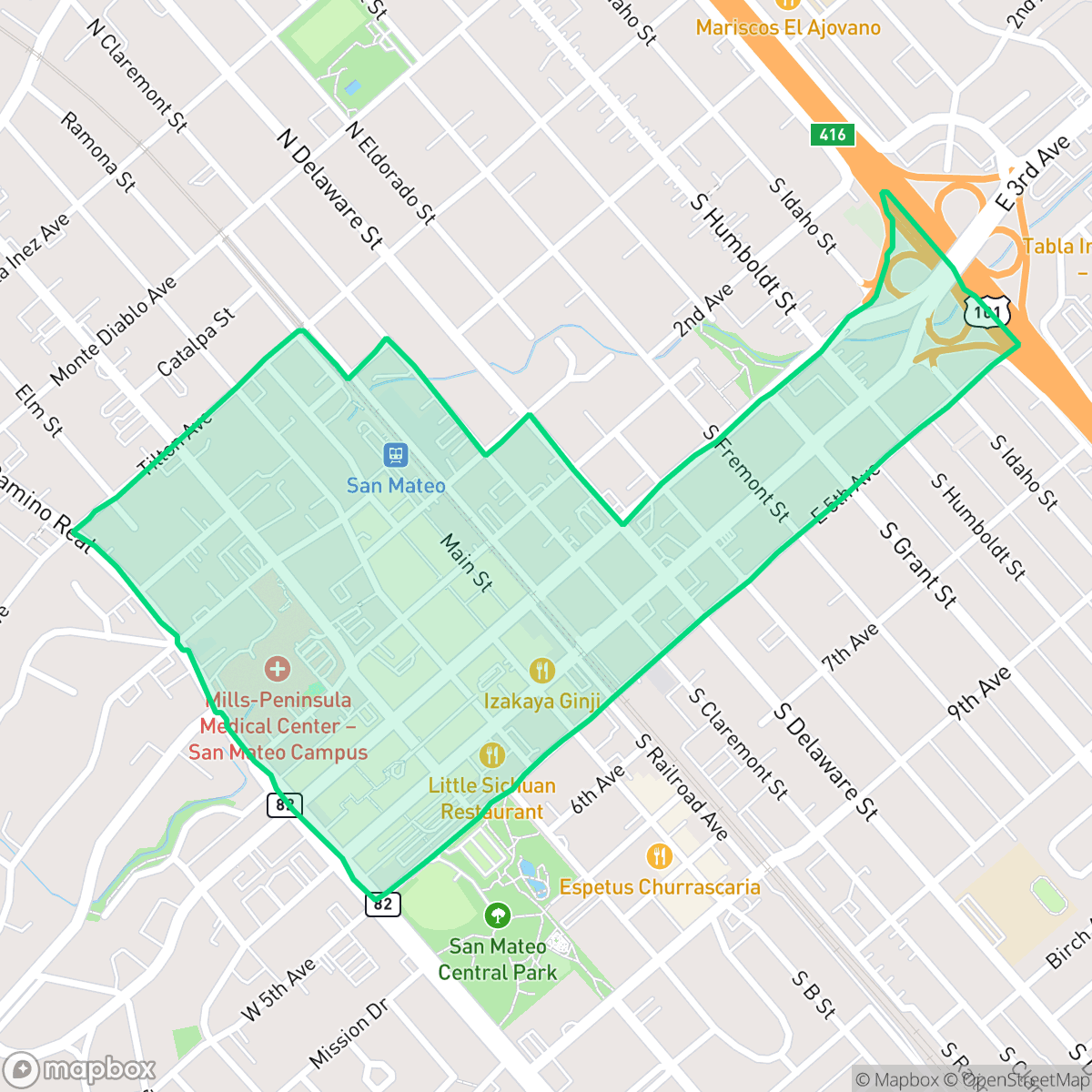 Map showing the location of Central Business District, San Mateo, CA