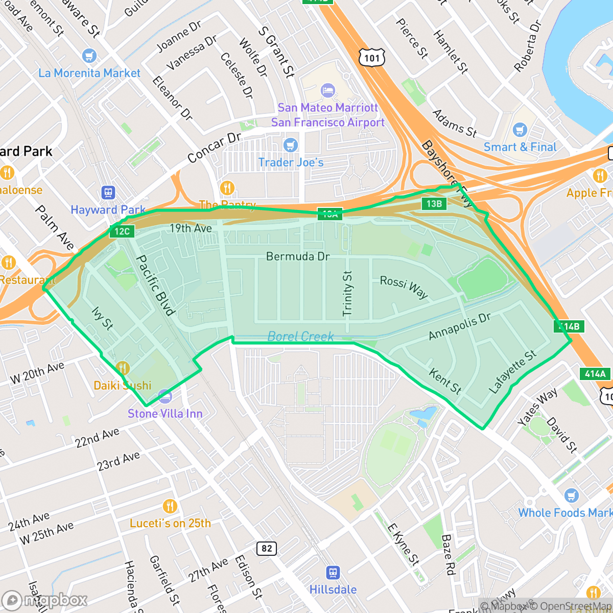 Map showing the location of Fiesta Gardens, San Mateo, CA
