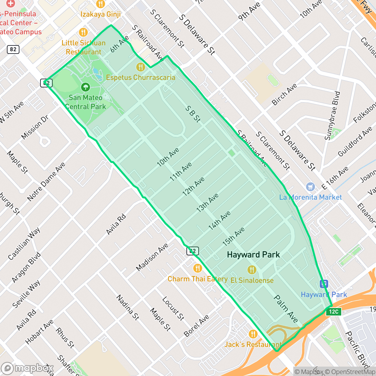 Map showing the location of Hayward Park, San Mateo, CA