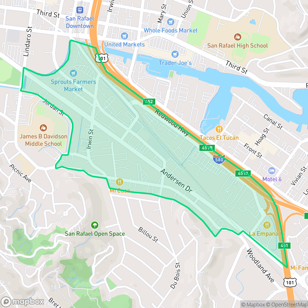 Map showing the location of Francisco Boulevard West, San Rafael, CA