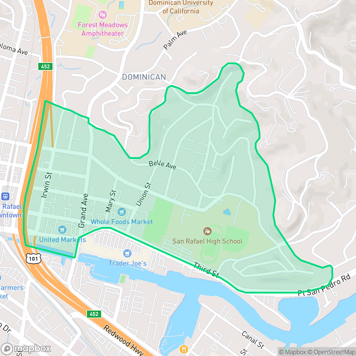Map showing the location of Montecito/Happy Valley, San Rafael, CA