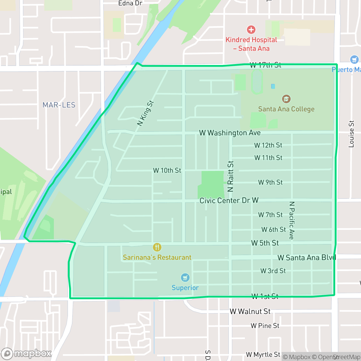 Map showing the location of Artesia Pilar, Santa Ana, CA