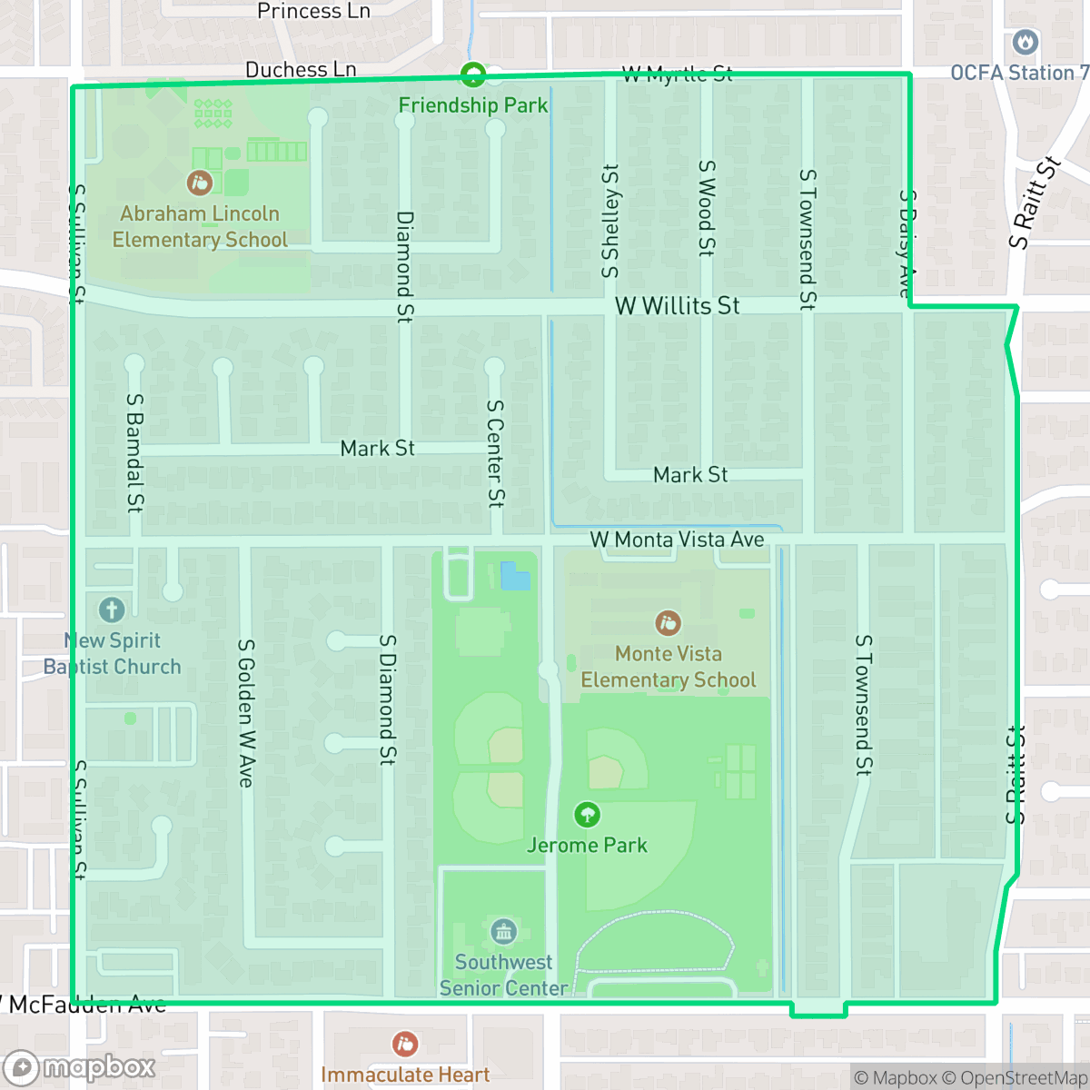 Map showing the location of Bella Vista, Santa Ana, CA