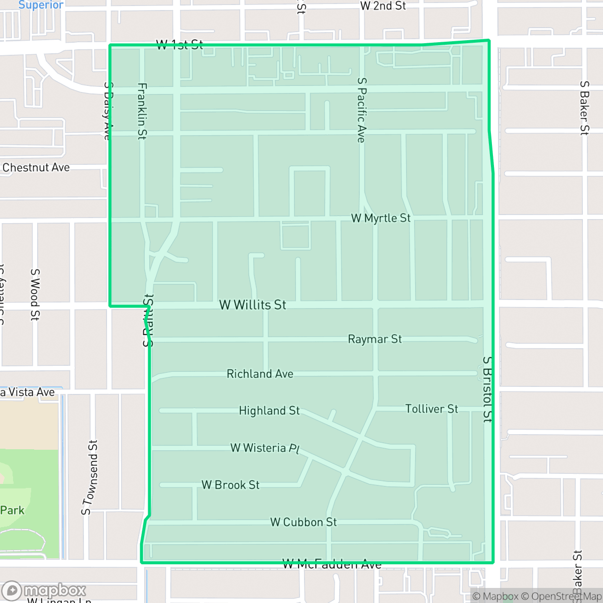 Map showing the location of Central City, Santa Ana, CA