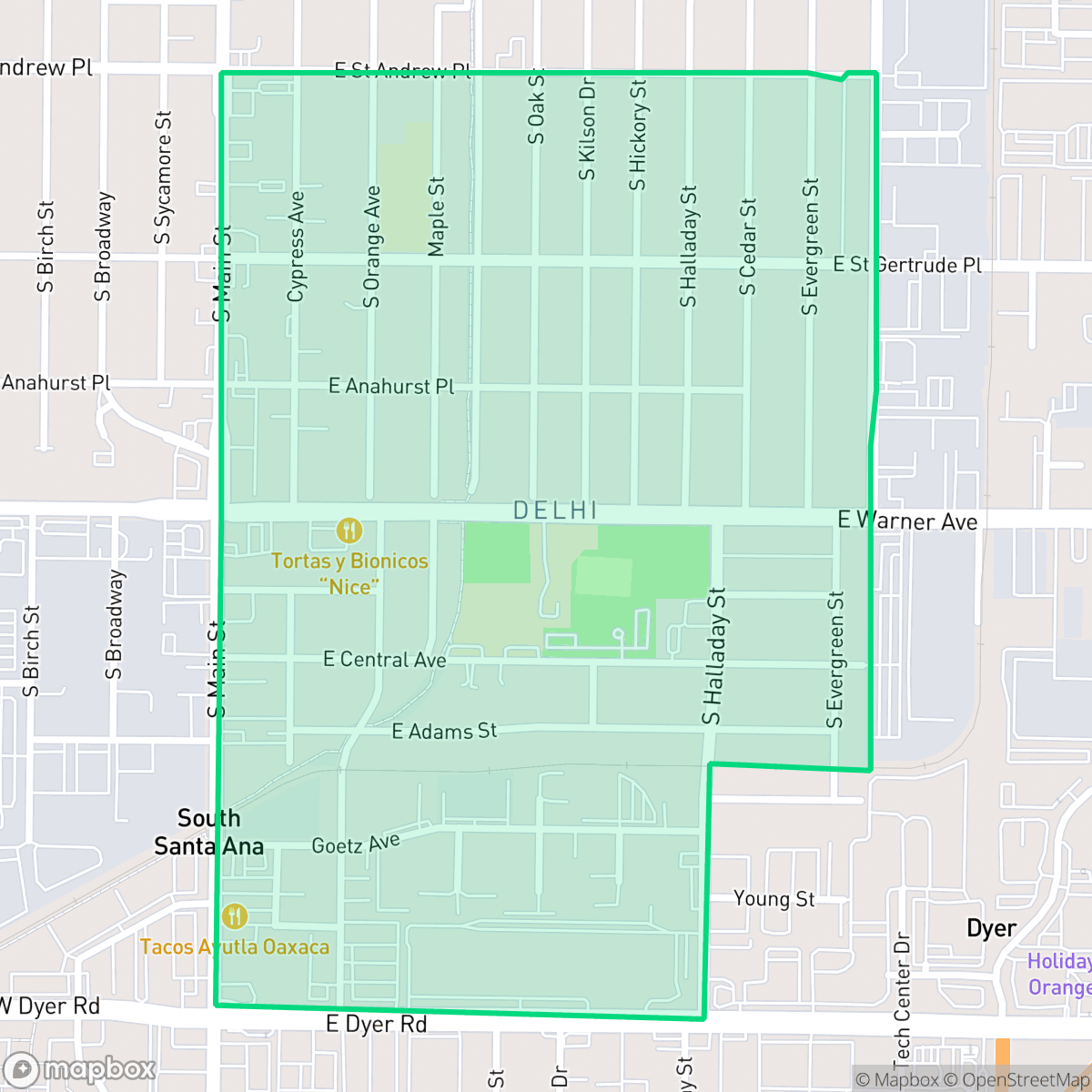 Map showing the location of Delhi, Santa Ana, CA