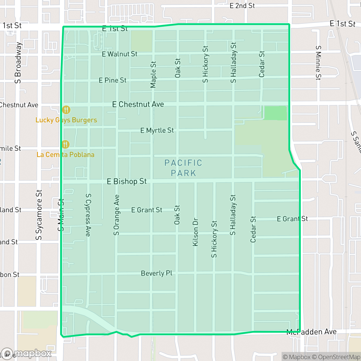 Map showing the location of Eastside, Santa Ana, CA