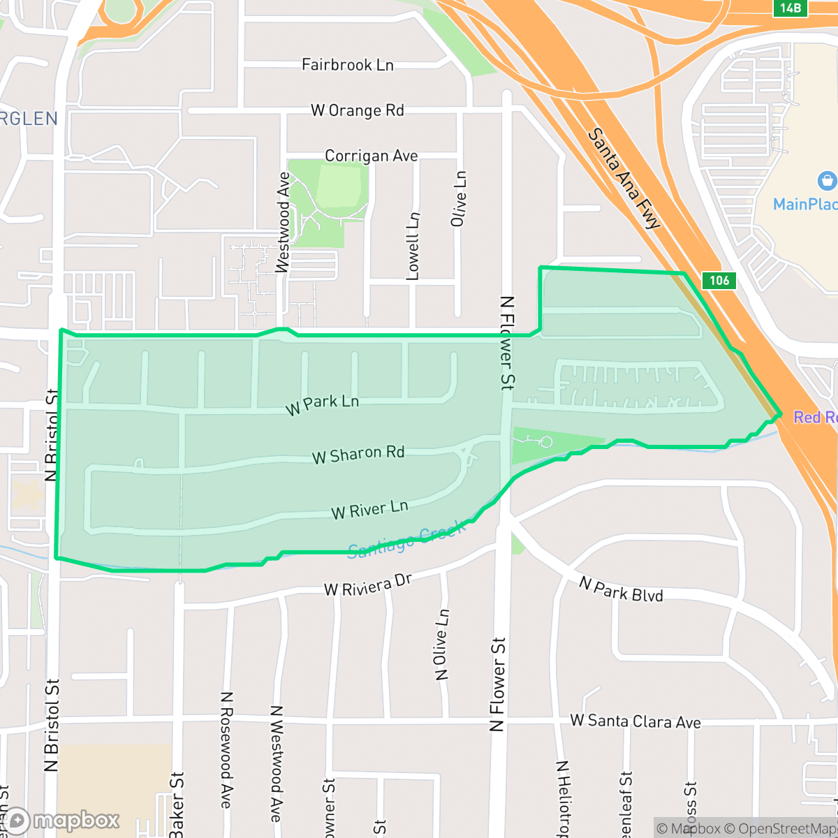Map showing the location of Fisher Park, Santa Ana, CA
