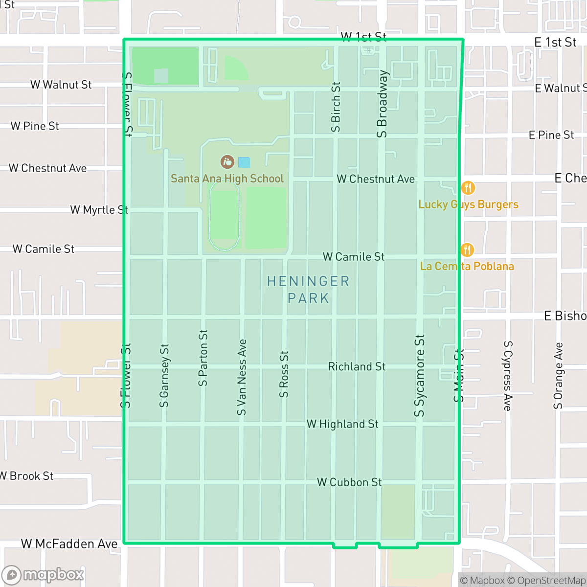 Map showing the location of Heninger Park, Santa Ana, CA