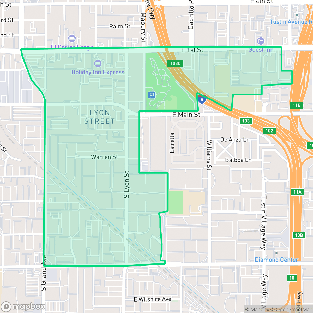 Map showing the location of Lyon Street, Santa Ana, CA