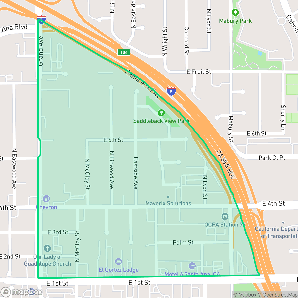 Map showing the location of Saddleback View, Santa Ana, CA