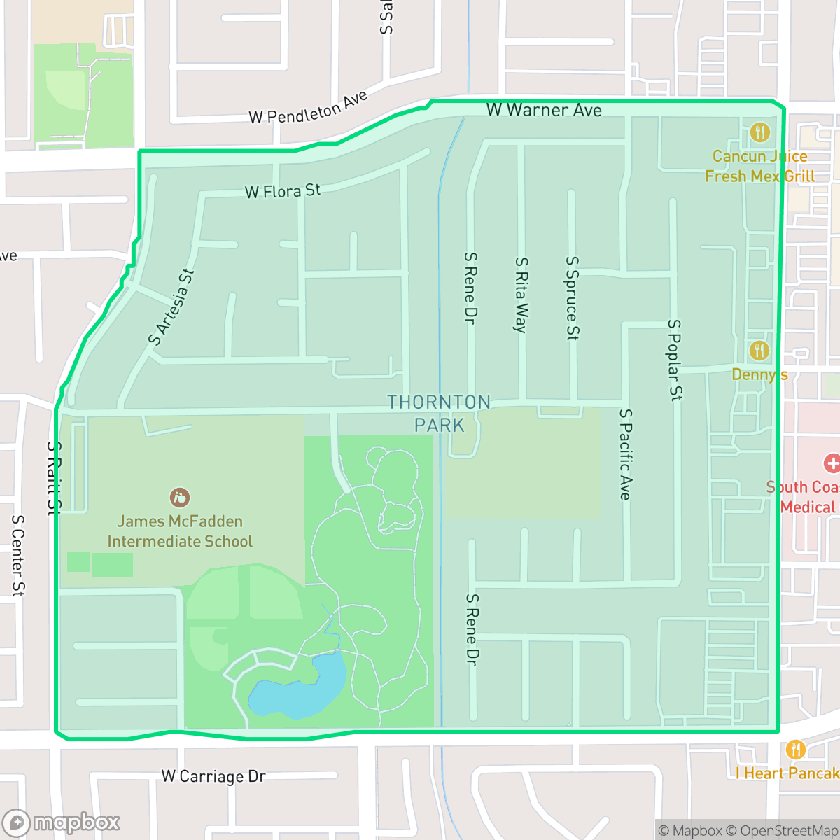 Map showing the location of Thornton Park, Santa Ana, CA