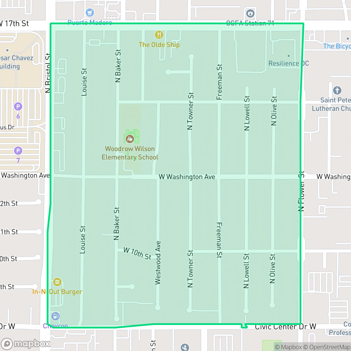 Map showing the location of Washington Square, Santa Ana, CA