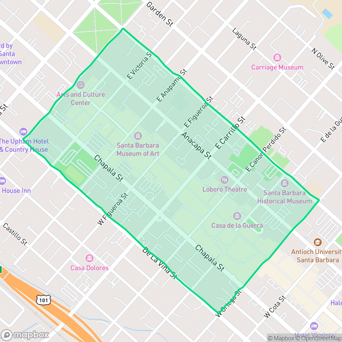 Map showing the location of Downtown, Santa Barbara, CA