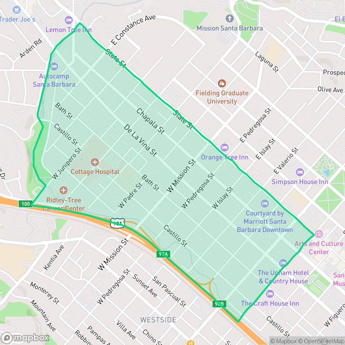 Map showing the location of Oak Park, Santa Barbara, CA