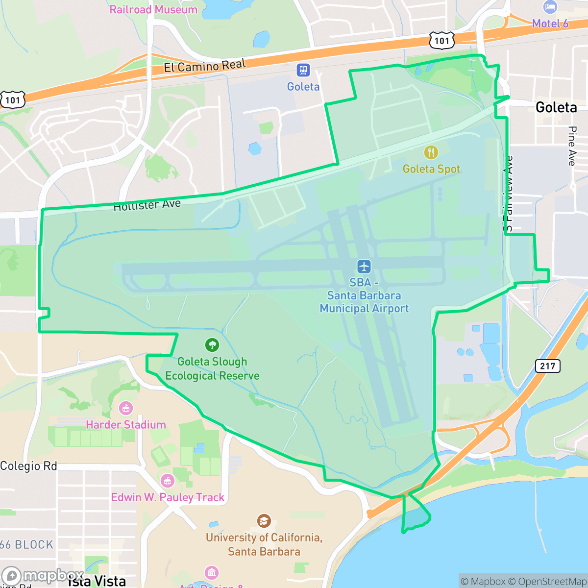 Map showing the location of Santa Barbara Municipal Airport, Santa Barbara, CA