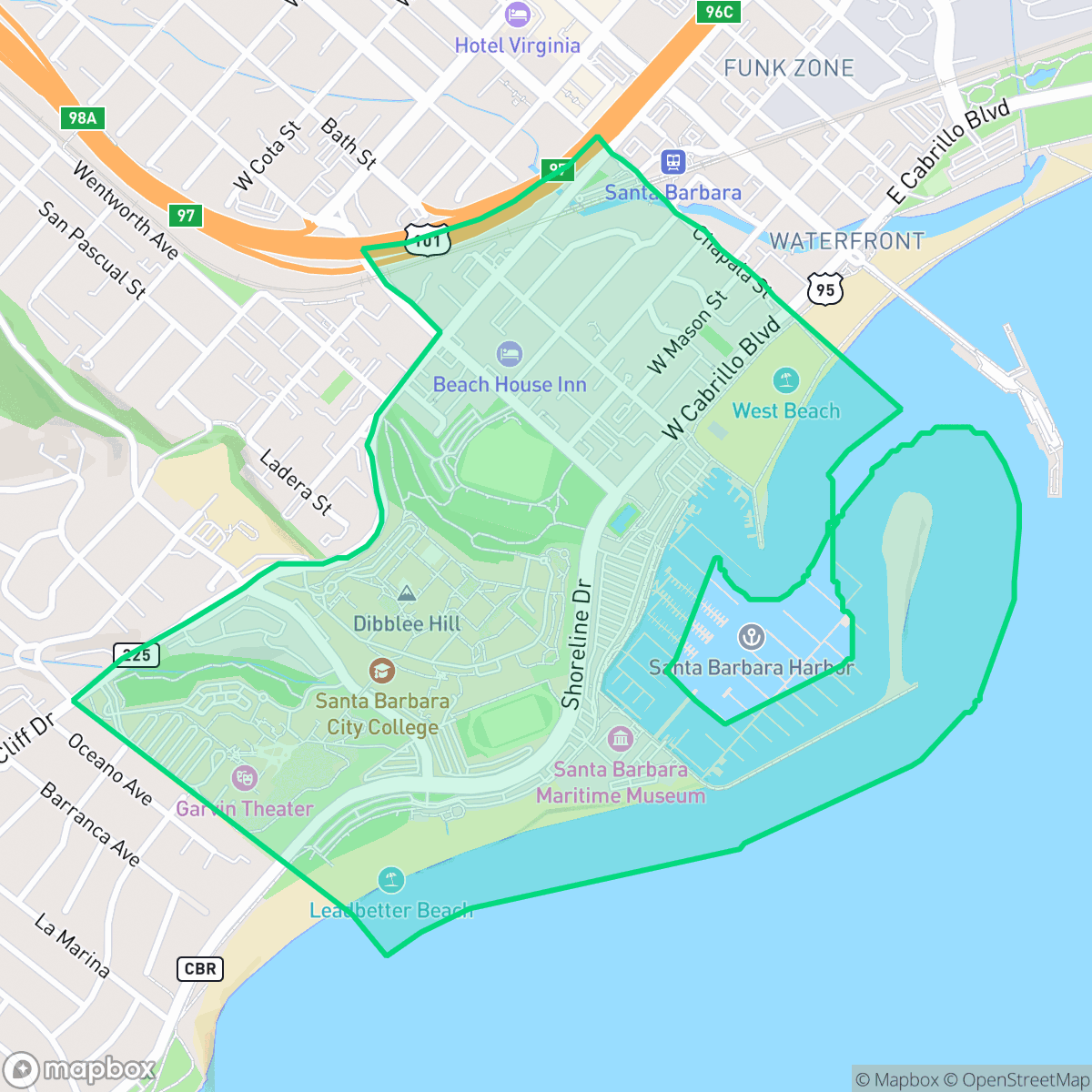 Map showing the location of West Beach, Santa Barbara, CA