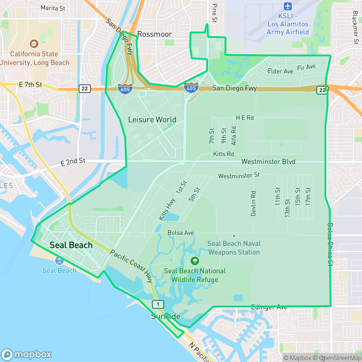 Map showing the location of Seal Beach, CA — coverage area