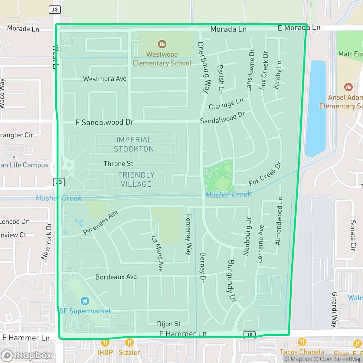 Map showing the location of Fox Creek, Stockton, CA