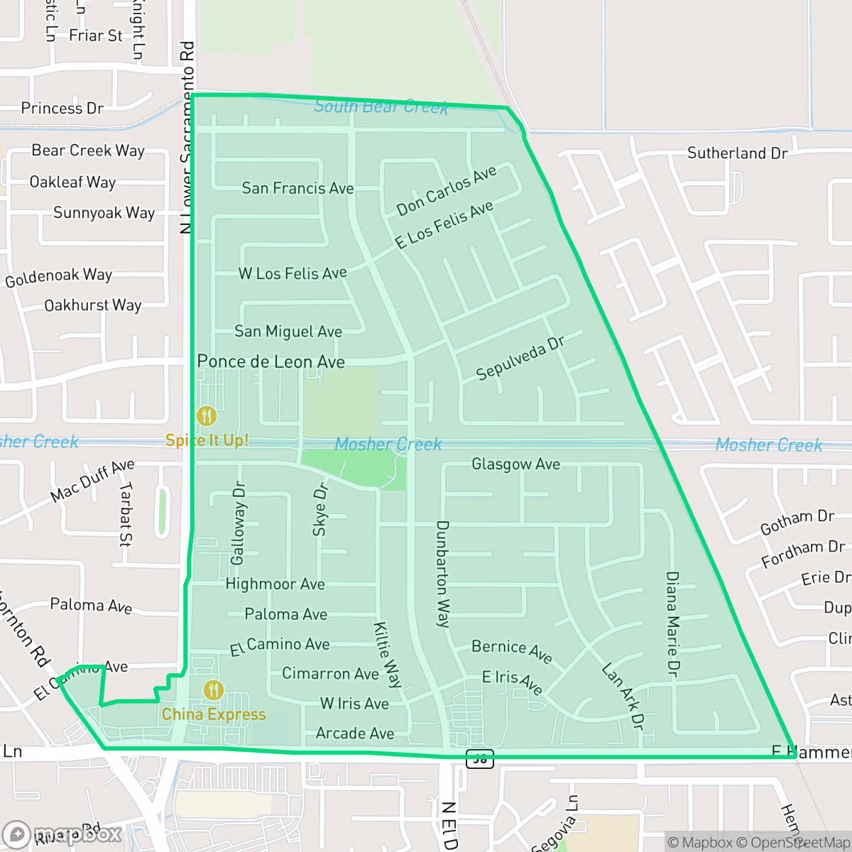 Map showing the location of Ponce de Leon, Stockton, CA