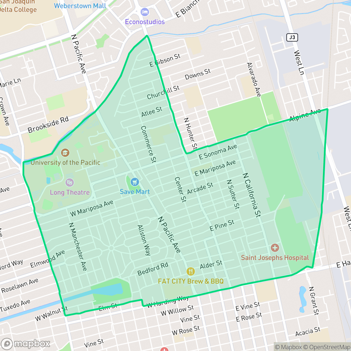 Map showing the location of University, Stockton, CA