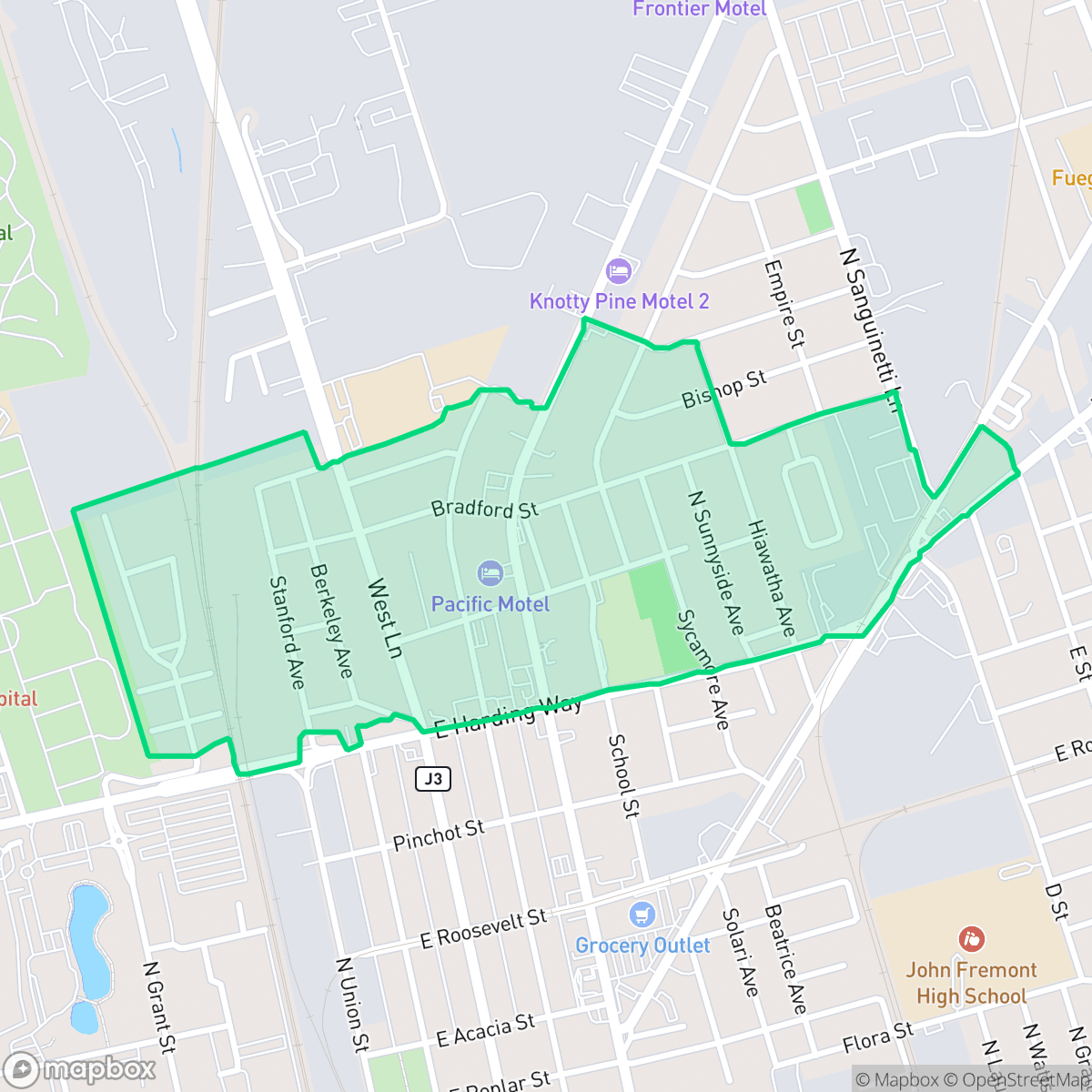 Map showing the location of Wilson Heights, Stockton, CA