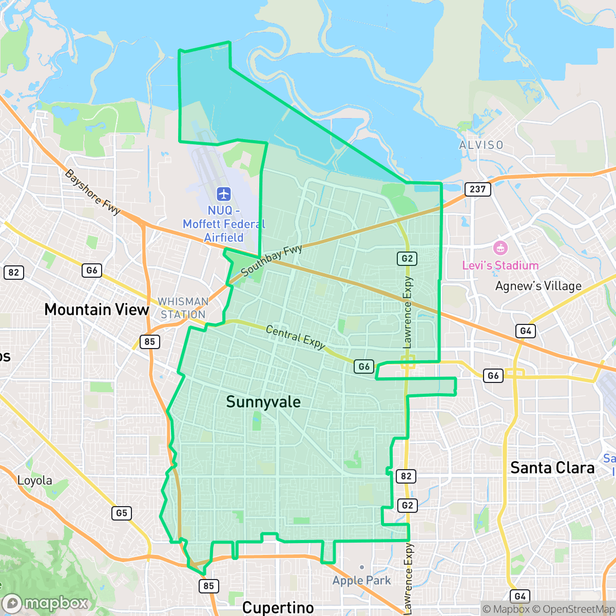 Map showing the location of Sunnyvale, CA — coverage area