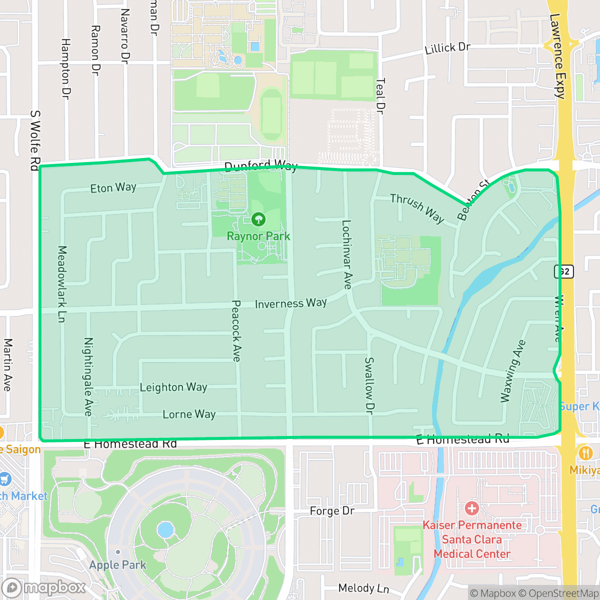 Map showing the location of Birdland, Sunnyvale, CA
