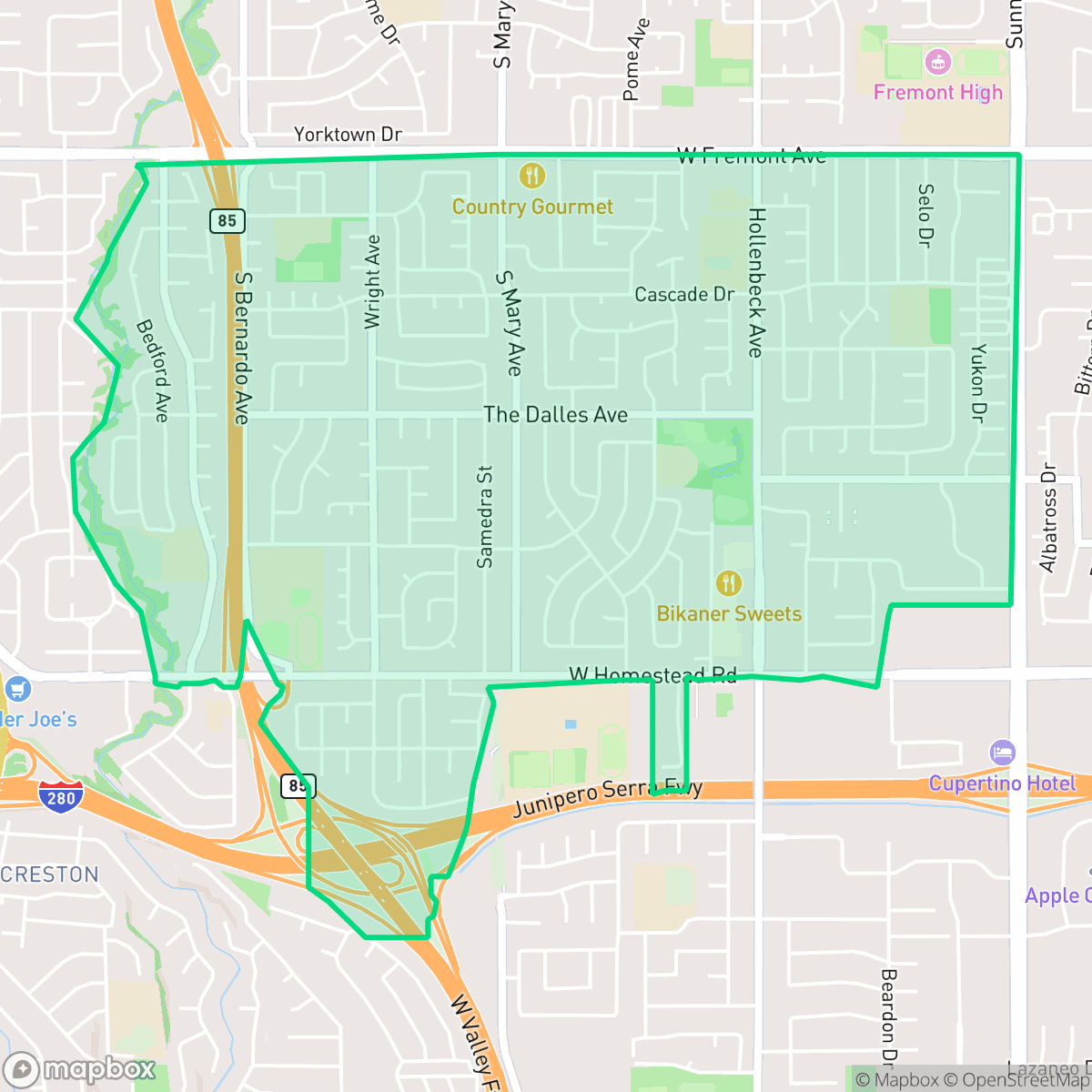 Map showing the location of Serra, Sunnyvale, CA