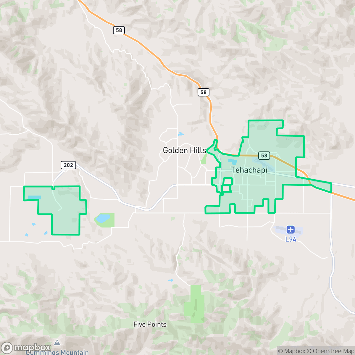Map showing the location of Tehachapi, CA — coverage area