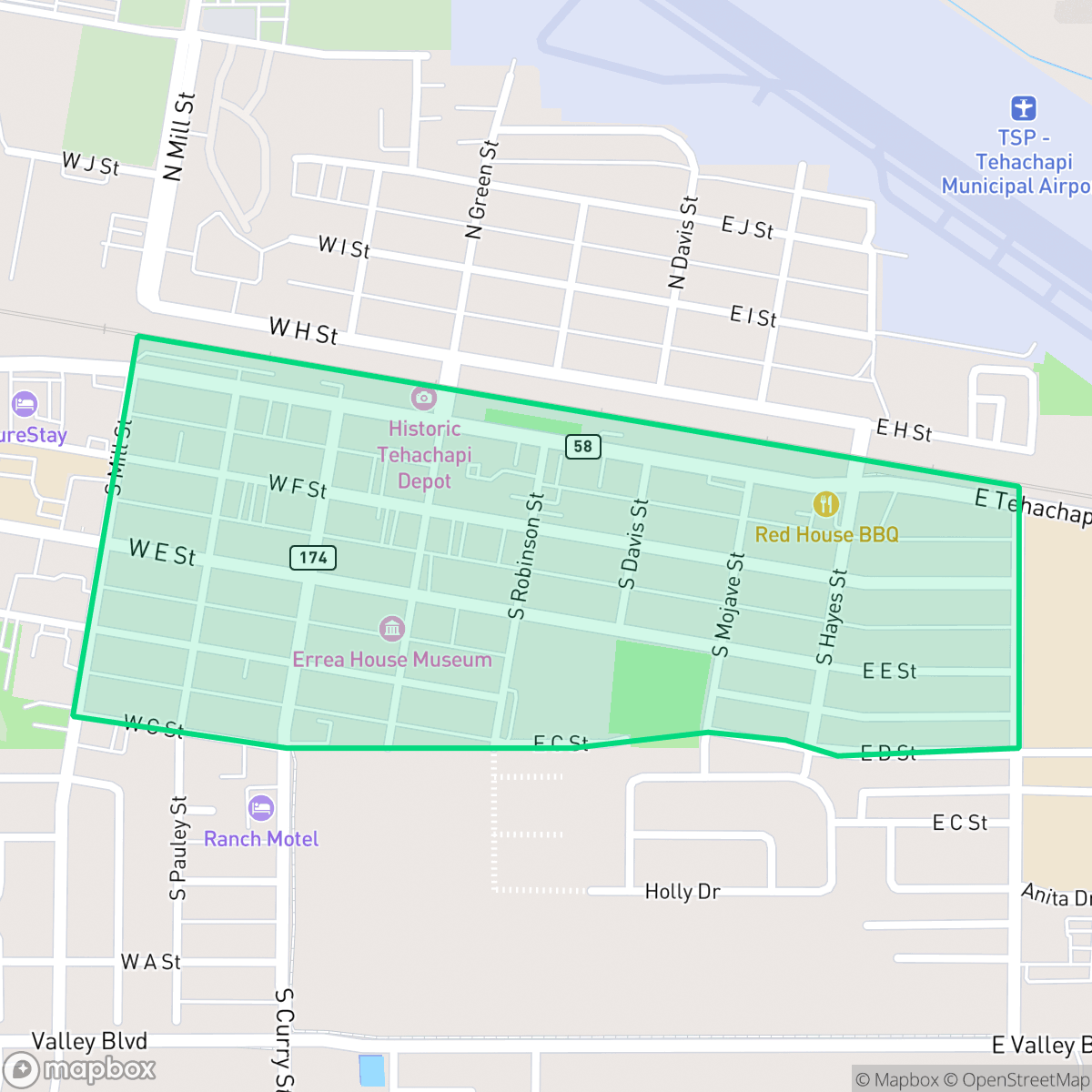 Map showing the location of Downtown, Tehachapi, CA