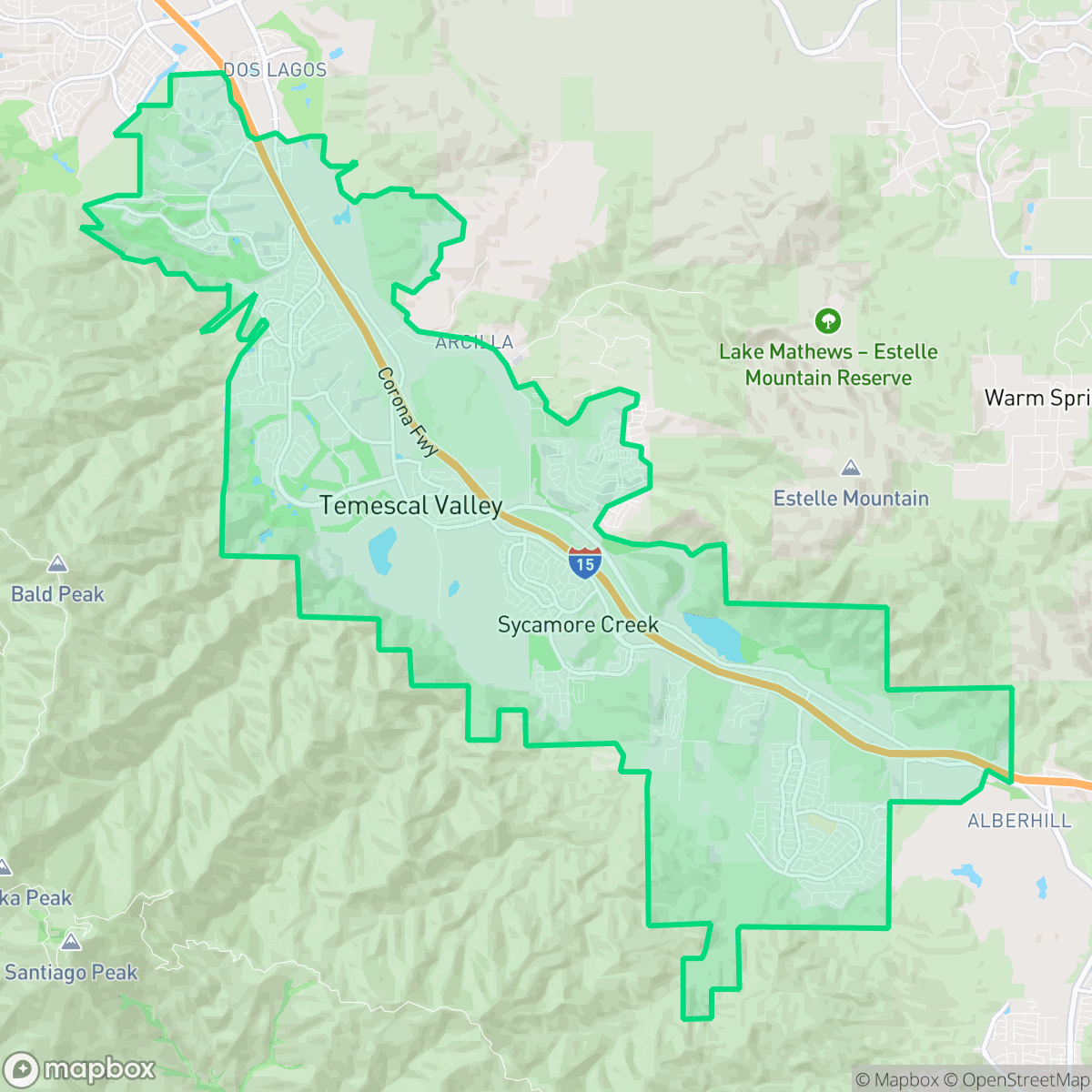 Map showing the location of Temescal Valley, CA — coverage area