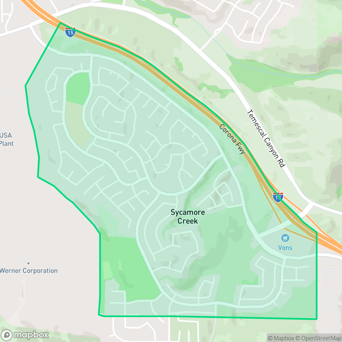 Map showing the location of Sycamore Creek, Temescal Valley, CA