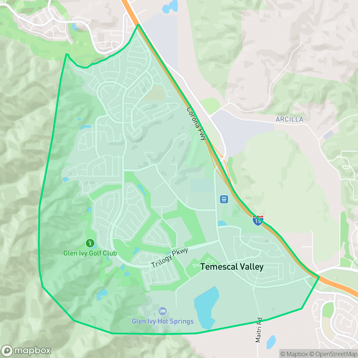 Map showing the location of Trilogy, Temescal Valley, CA