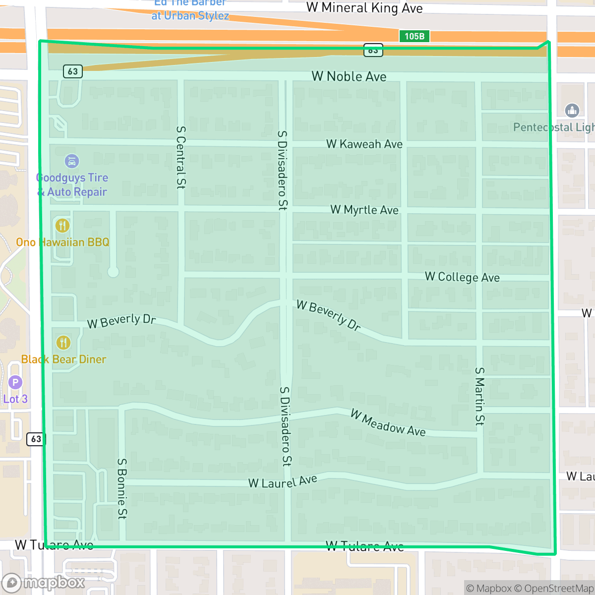 Map showing the location of Beverley Glen, Visalia, CA