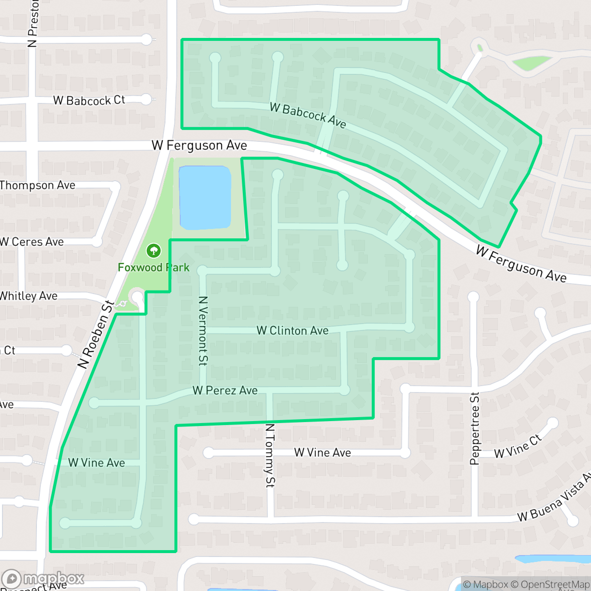 Map showing the location of Foxwood Estates, Visalia, CA